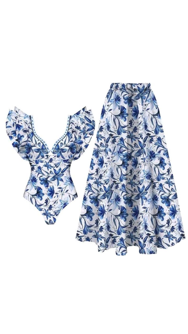 Chic Indigo Botanical Print One-Piece Swimsuit & Skirt & Pants