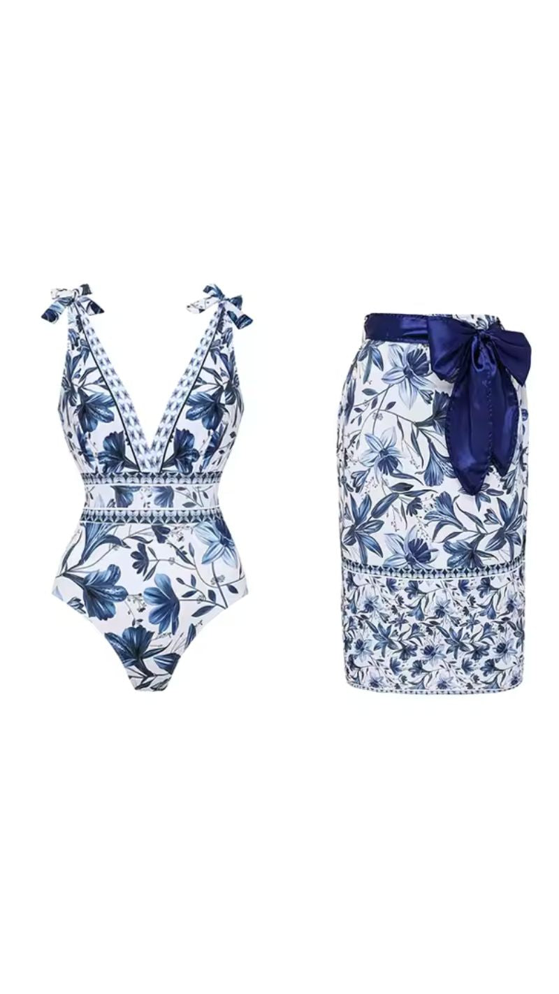 Chic Indigo Botanical Print One-Piece Swimsuit & Skirt & Pants