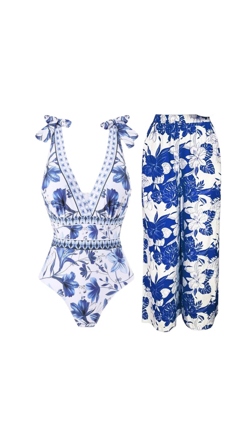 Chic Indigo Botanical Print One-Piece Swimsuit & Skirt & Pants