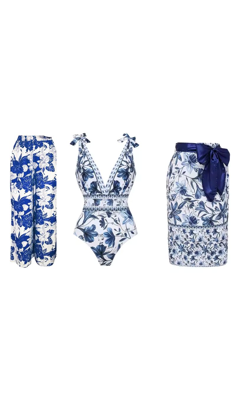 Chic Indigo Botanical Print One-Piece Swimsuit & Skirt & Pants