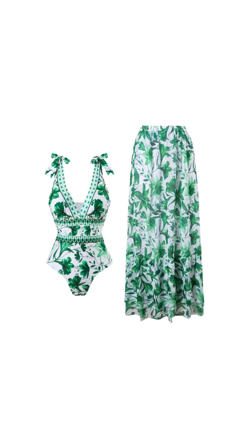 Chic Indigo Botanical Print One-Piece Swimsuit & Skirt & Pants