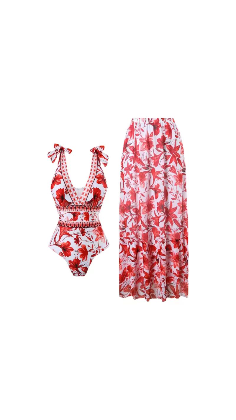 Chic Indigo Botanical Print One-Piece Swimsuit & Skirt & Pants