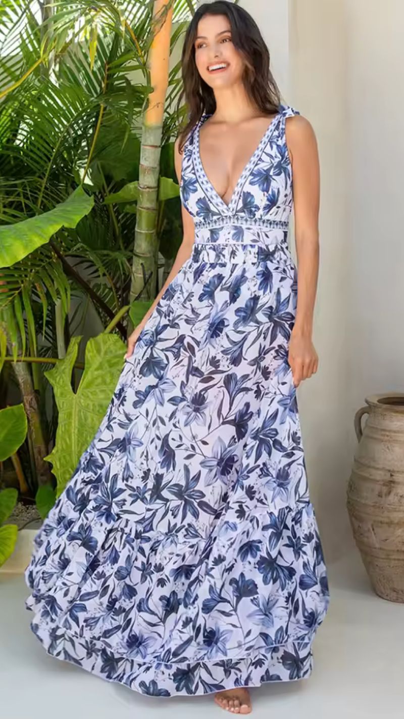 Chic Indigo Botanical Print One-Piece Swimsuit & Skirt & Pants