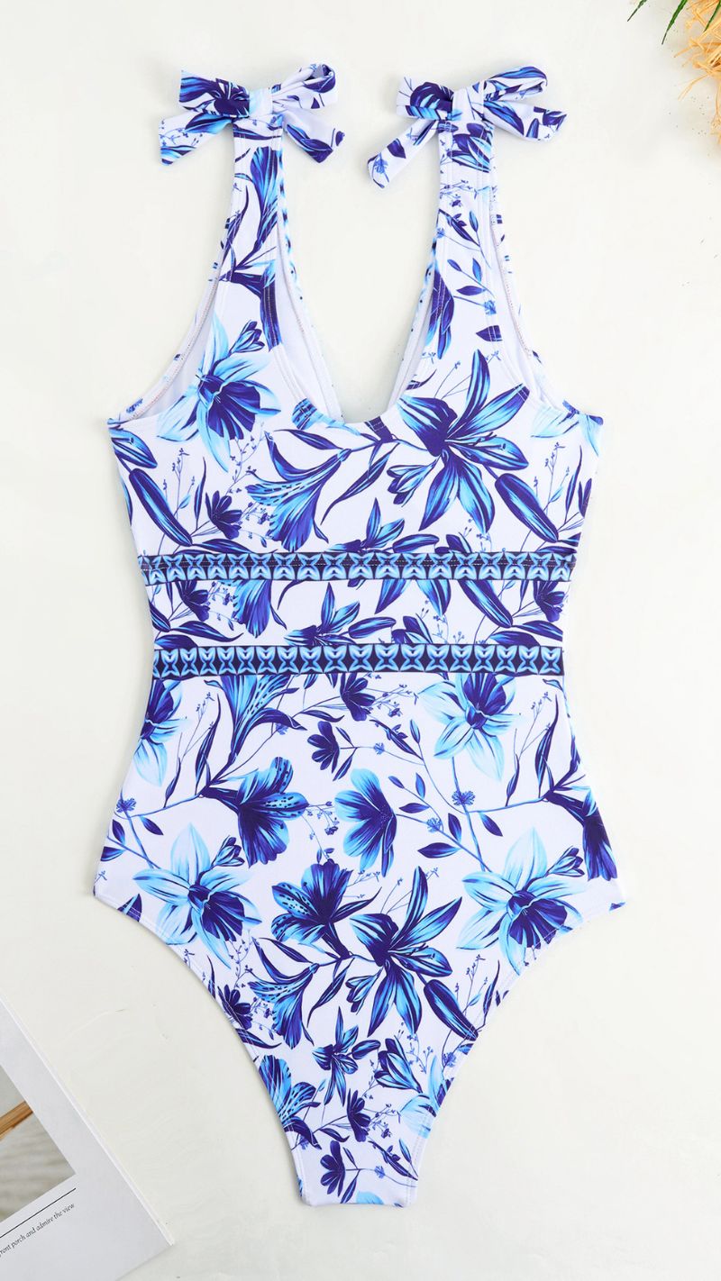 Chic Indigo Botanical Print One-Piece Swimsuit & Skirt & Pants