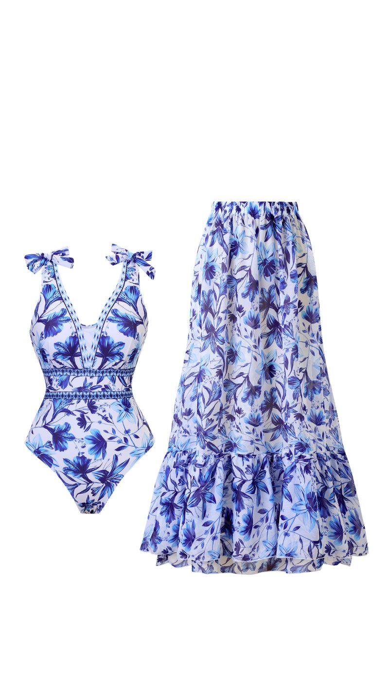 Chic Indigo Botanical Print One-Piece Swimsuit & Skirt & Pants