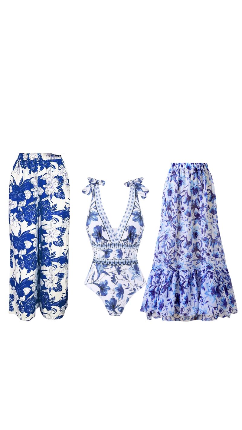 Chic Indigo Botanical Print One-Piece Swimsuit & Skirt & Pants