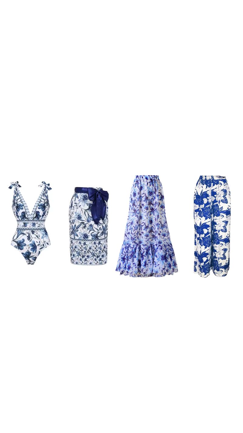 Chic Indigo Botanical Print One-Piece Swimsuit & Skirt & Pants