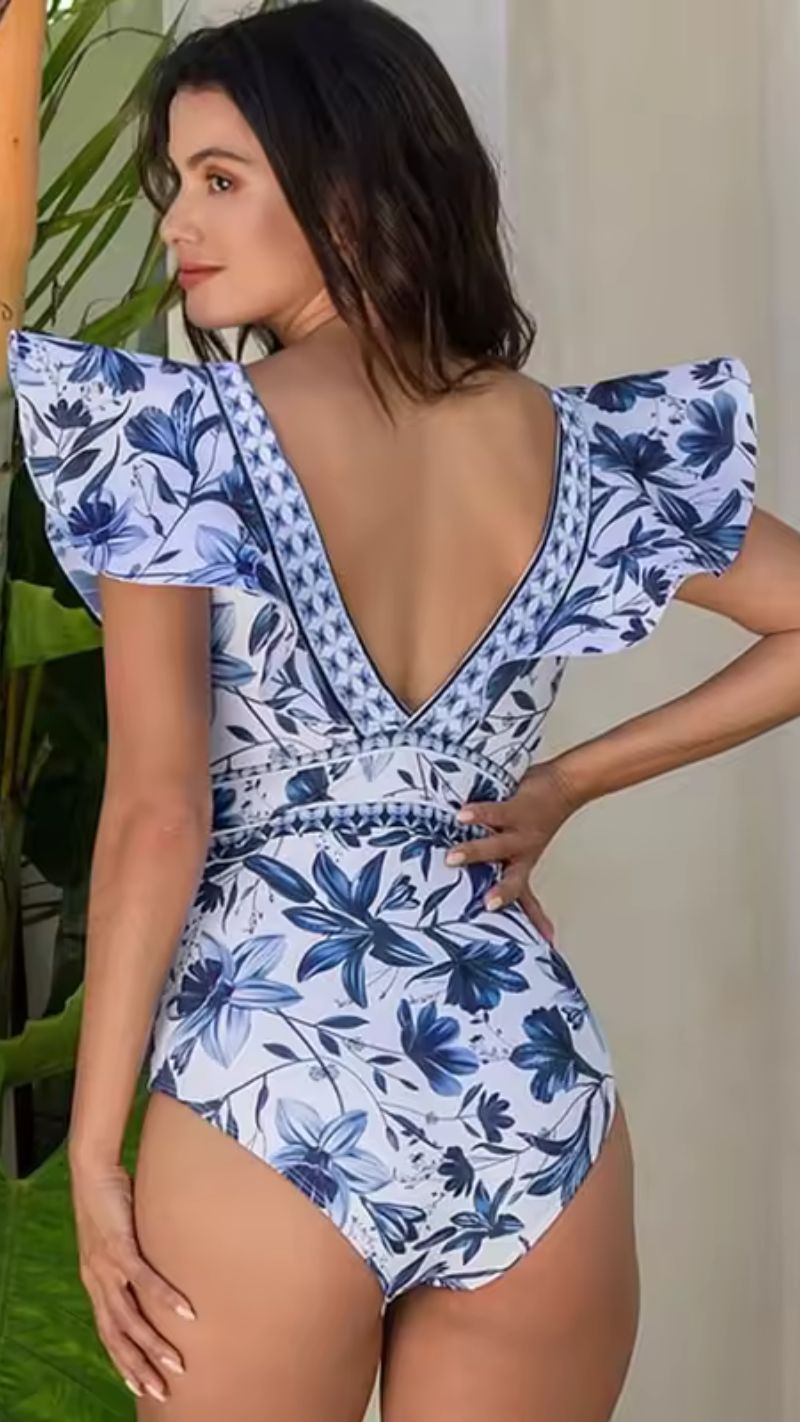 Chic Indigo Botanical Print One-Piece Swimsuit & Skirt & Pants